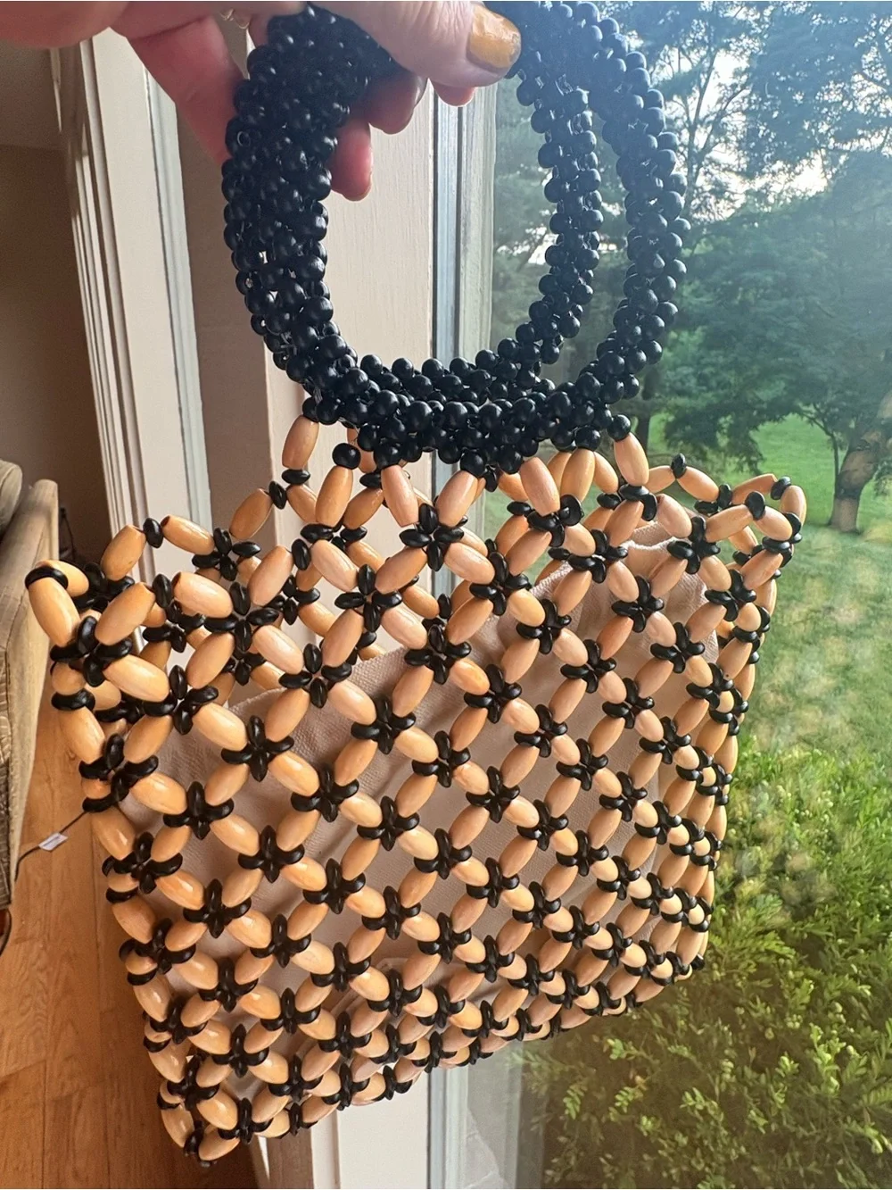 NWOT Handmade Beaded Black and Natural Cream Purse